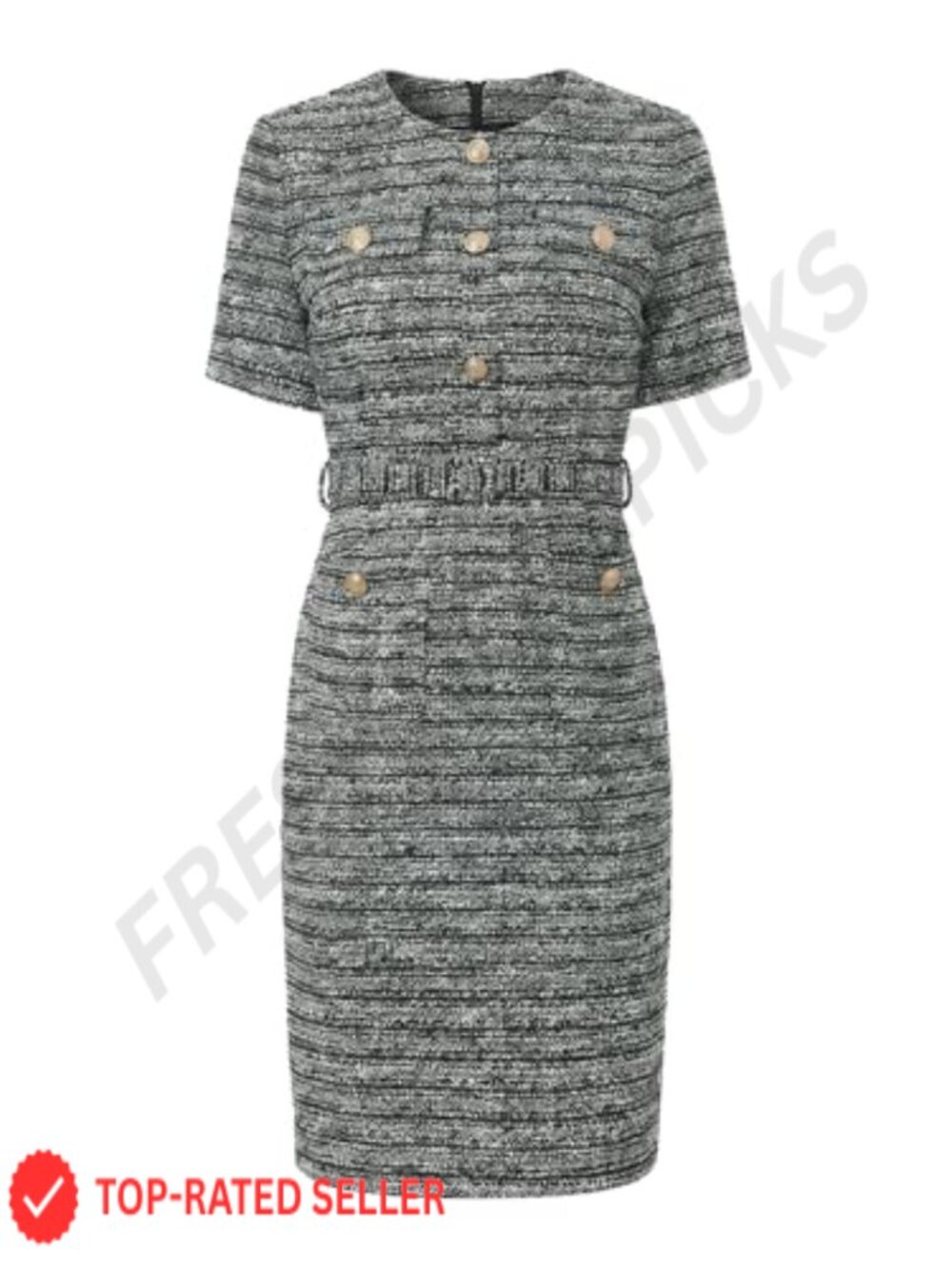 Tweed Sheath Dress Belted Short Sleeve Work Pencil Knee Length Semi Formal